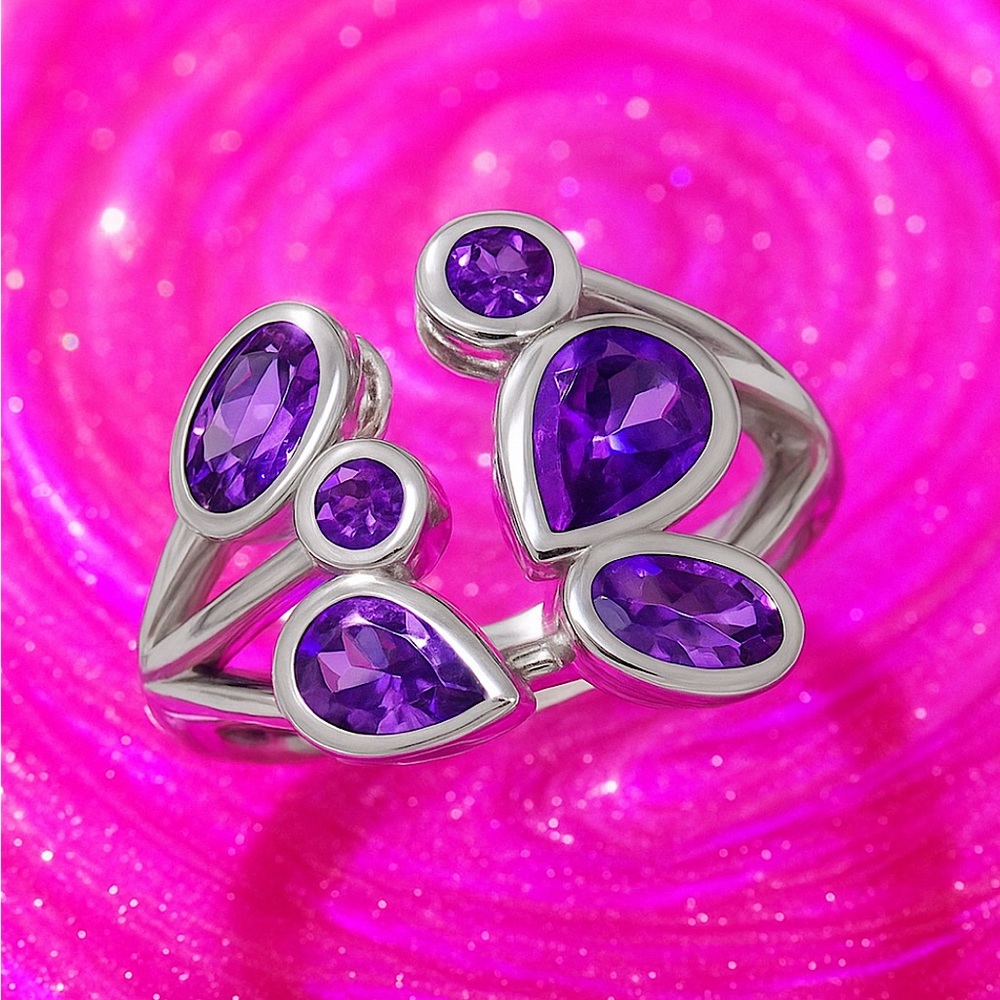 Elegant 14k Gold Filled Sterling Silver Genuine Amethyst Bypass Ring Adjustable - Picture 1 of 3